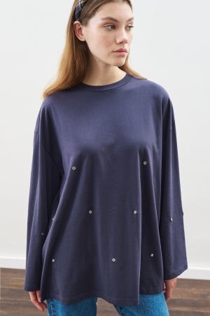 Snap Detail T-Shirt Navy Blue