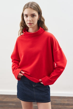 Oversized High Neck Sweatshirt Red
