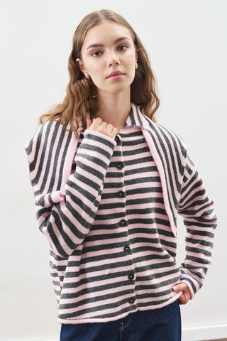 Striped Cardigan With Scarf Detail Pink