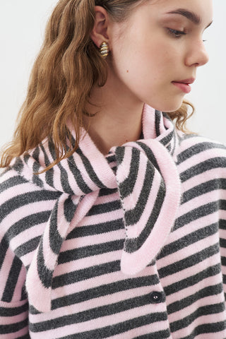 Striped Cardigan With Scarf Detail Pink