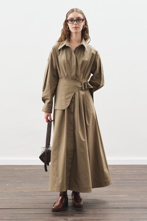 Pleated Belted Dress Khaki