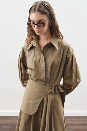 Pleated Belted Dress Khaki