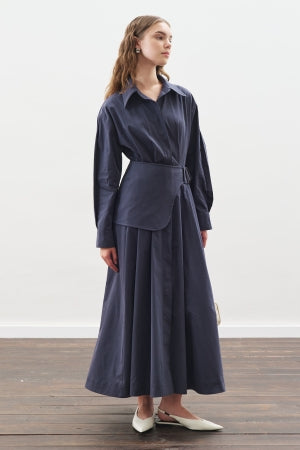 Pleated Belted Dress Navy Blue