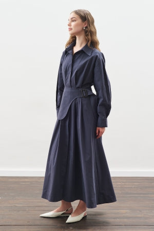 Pleated Belted Dress Navy Blue