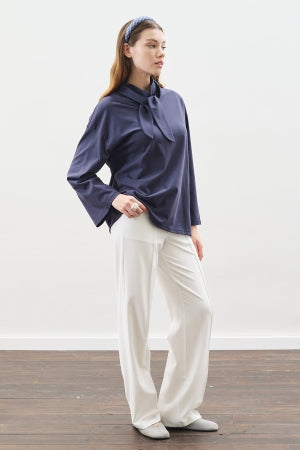 High Neck Tie Blouse Navy Blue