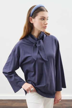 High Neck Tie Blouse Navy Blue