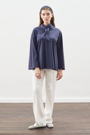 High Neck Tie Blouse Navy Blue