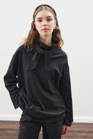 High Neck Tie Blouse Black