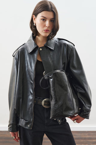 Retro Oversized Leather Jacket Black
