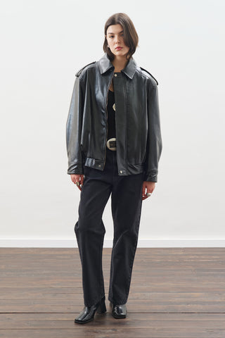 Retro Oversized Leather Jacket Black