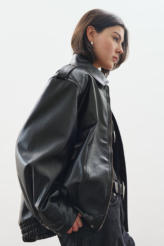 Retro Oversized Leather Jacket Black