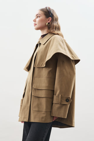 Cape Detail Parka Jacket Camel