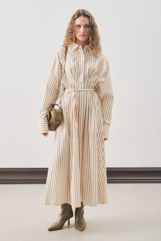 Pleated Detail Shirt Dress Beige Stripe