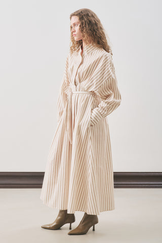Pleated Detail Shirt Dress Beige Stripe