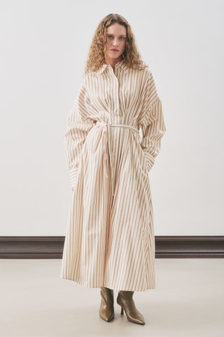 Pleated Detail Shirt Dress Beige Stripe