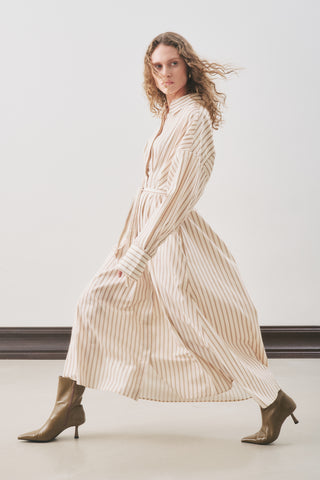 Pleated Detail Shirt Dress Beige Stripe