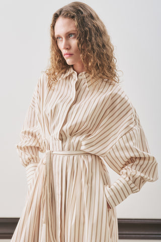 Pleated Detail Shirt Dress Beige Stripe