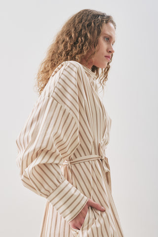 Pleated Detail Shirt Dress Beige Stripe