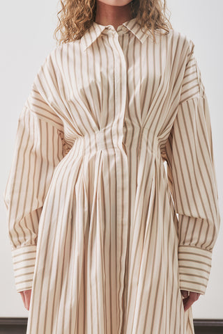 Pleated Detail Shirt Dress Beige Stripe