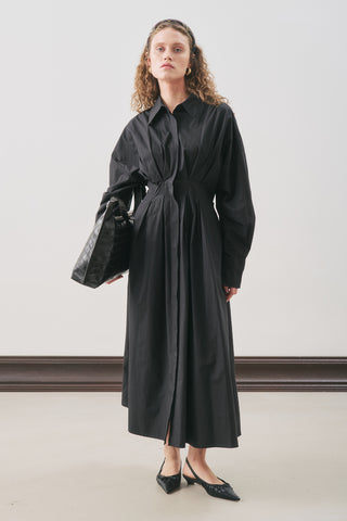Pleated Detail Shirt Dress Black