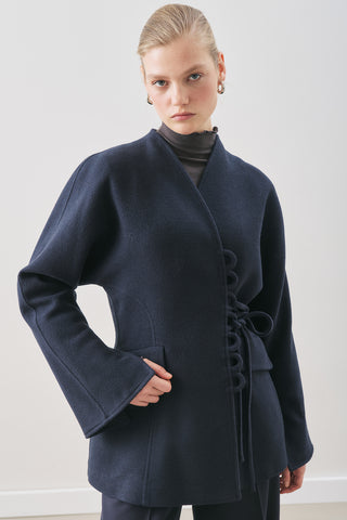 Aroa Tie-Detail Wool Coat Navy Blue