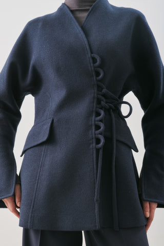 Aroa Tie-Detail Wool Coat Navy Blue