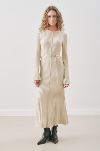 Ribbed Knit Dress With Flared Skirt Beige