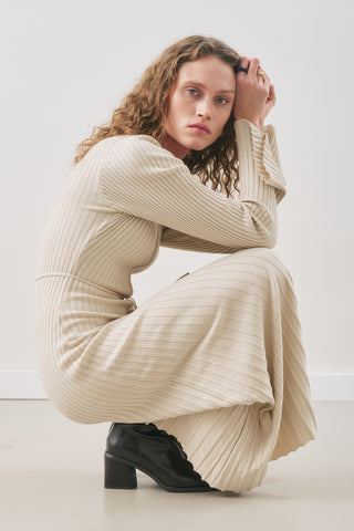 Ribbed Knit Dress With Flared Skirt Beige Ribbed Knit Dress With Flared Skirt Beige