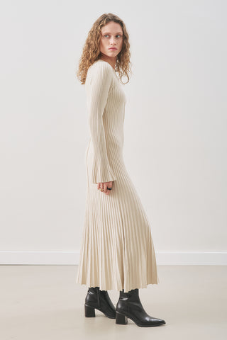 Ribbed Knit Dress With Flared Skirt Beige