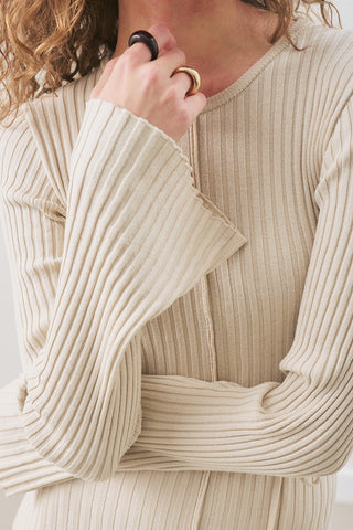 Ribbed Knit Dress With Flared Skirt Beige