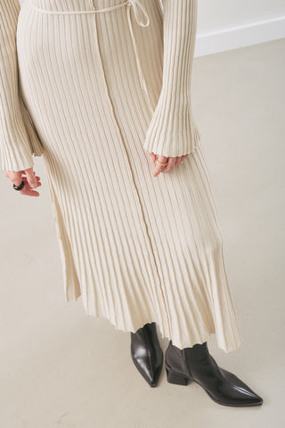 Ribbed Knit Dress With Flared Skirt Beige