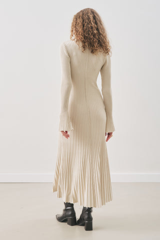 Ribbed Knit Dress With Flared Skirt Beige