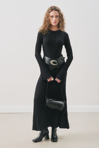 Ribbed Knit Dress With Flared Skirt Black