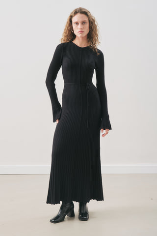 Ribbed Knit Dress With Flared Skirt Black