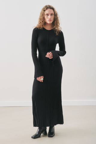 Ribbed Knit Dress With Flared Skirt Black