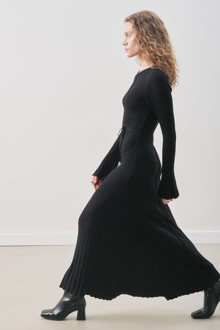 Ribbed Knit Dress With Flared Skirt Black