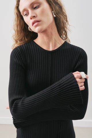 Ribbed Knit Dress With Flared Skirt Black