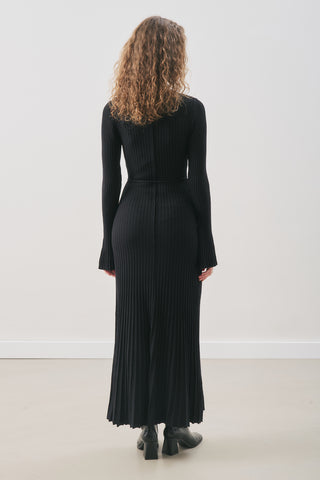 Ribbed Knit Dress With Flared Skirt Black