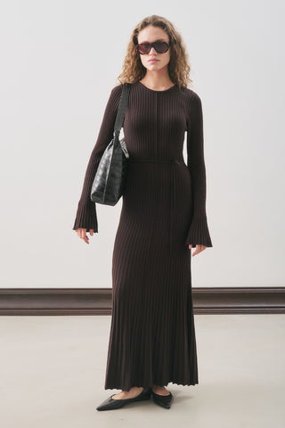 Ribbed Knit Dress With Flared Skirt Brown