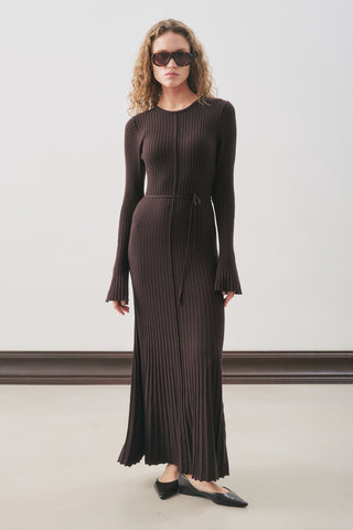 Ribbed Knit Dress With Flared Skirt Brown