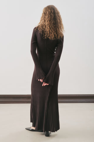 Ribbed Knit Dress With Flared Skirt Brown