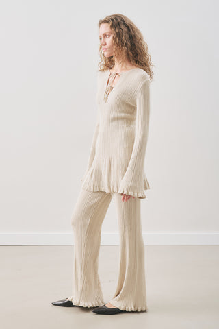 Ruffled Ribbed Knit Pants Beige