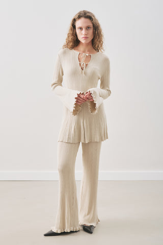 Ruffled Ribbed Knit Tunic Beige