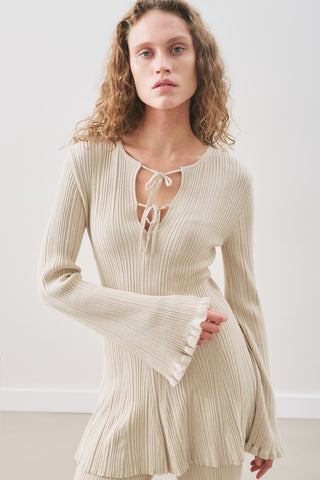 Ruffled Ribbed Knit Tunic Beige