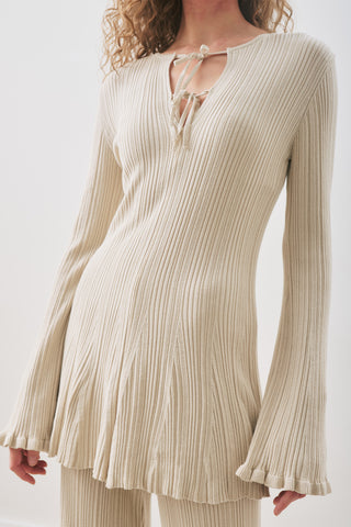 Ruffled Ribbed Knit Tunic Beige