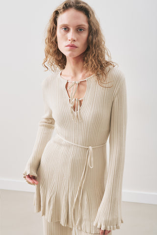 Ruffled Ribbed Knit Tunic Beige