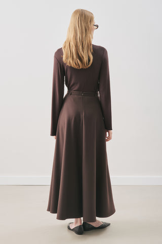 Belted Flared Skirt Dark Brown