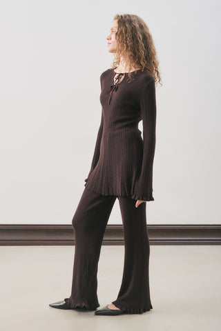 Ruffled Ribbed Knit Pants Brown