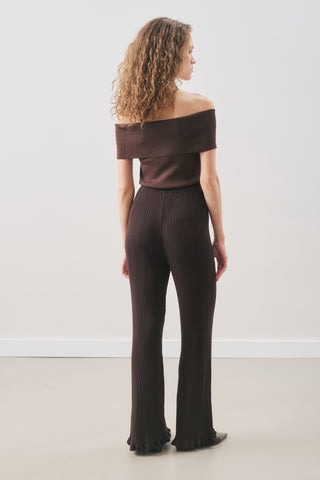 Ruffled Ribbed Knit Pants Brown