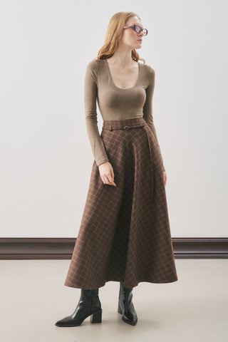 Checked Flared Skirt Brown